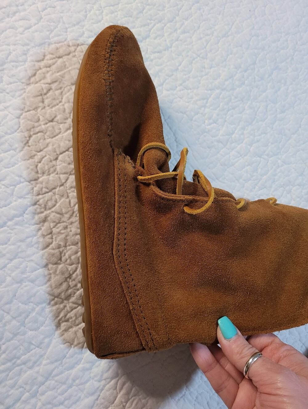 Minnetonka Fringe Front Lace Lace-Up Suede Knee-High Boots Brown Sz 9 - Picture 10 of 13